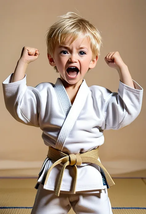 A little 4 year old blond boy in judo outfit raises his arms showing his new beige belt, plain and tatami background