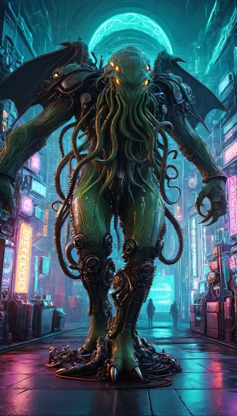 cthulhu creature in futuristic cyberpunk world, chrome mechanical design, intricate gears and machinery, glowing neon lights, dy...