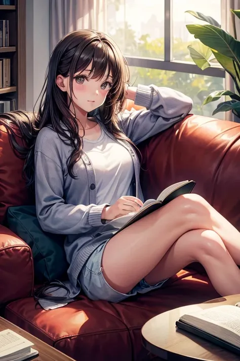 Haz a una chica sentada en un sofa leyendo un libro 