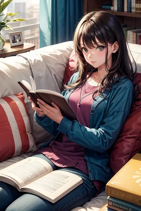 Haz a una chica sentada en un sofa leyendo un libro 