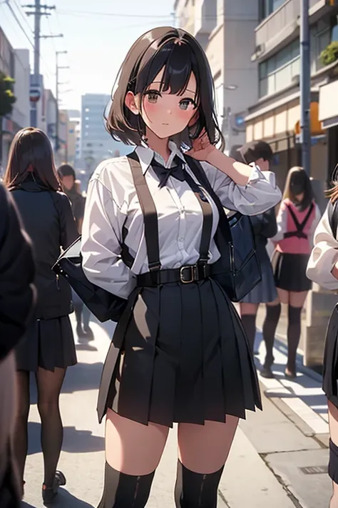 Brown Hair、Looking at the audience　　suspenders　　　bulging big breasts　　 　 　　　　Black mini skirt　ガーターbelt　Knee-high socks　　　　　　sight　　　Small face　bangs 　　　　　beauty　　Show your hand　　 　sight 　Black boots 　Taunt　　　one person 　　　Dress shirt　　Panty shot　Hands Behi...