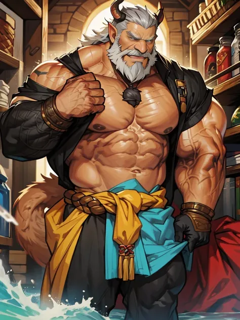 A burly, virile, and hairy dragon, exuding the irresistible charm of a himbo muscle daddy. His middle-aged features, adorned by a long, bushy beard and a thick mustache, reveal a life of experience and adventure. His body, sculpted into a warriors build an...