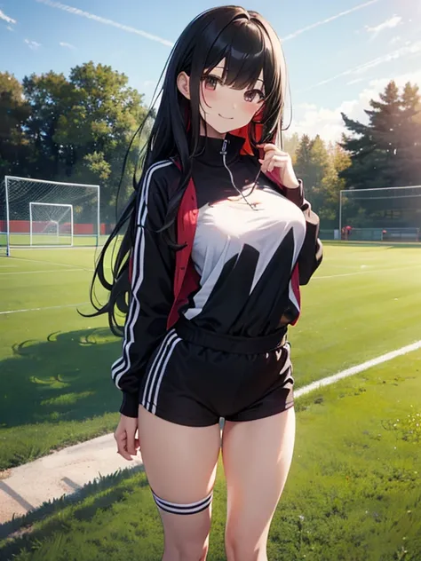 8k, masterpiece, Very detailed, Schoolyard、Sports fieldを走るBlack Hairの女子高生、Red tracksuit、,Black Bloomers、 Sports field,Outdoor, Black Hair、Medium Long Hair、smile、Beautiful breasts
