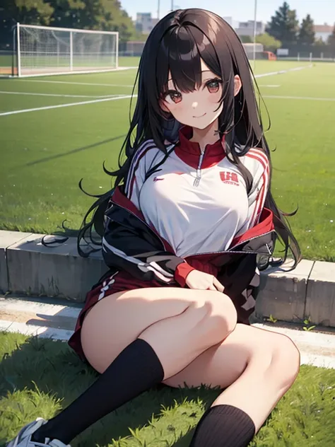 8k, masterpiece, Very detailed, Schoolyard、Sports fieldを走るBlack Hairの女子高生、Red tracksuit、,Black Bloomers、 Sports field,Outdoor, Black Hair、Medium Long Hair、smile、Beautiful breasts
