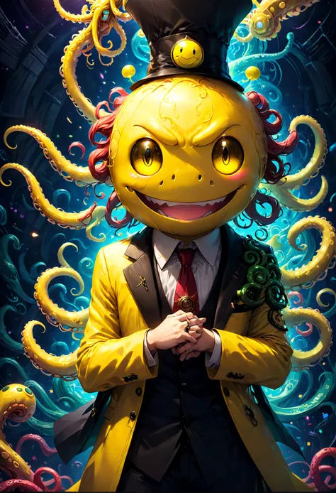 Korosensei from "Assassination Classroom", yellow body with Cthulhu tentacles, teacher, mortarboard, yellow head, Grin, big smile face, Classroom, school, dramatic composition, cinematic dynamic action scene, vibrant colors, cinematic lighting, dramatic li...