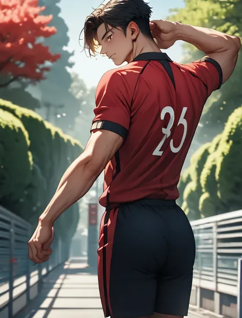 1boy, (masterpiece, top quality, best quality), upper-body, blonde hair, black hair, multi-colored hair, forehead, (gym uniform:...