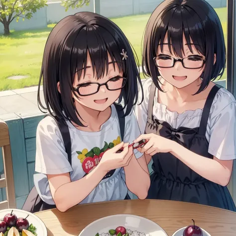 (1 junior high school girl、Smiling、Black-haired、short hair、Straight Hair、hair ornaments、close your eyes、Laughter、Wearing black glasses、small 、Cute Face)、masterpiece、highest quality、Rice and pickled plums on the table、Summer clothes