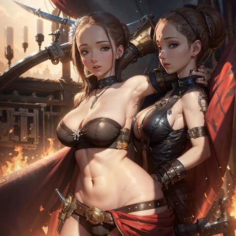 A cute woman is a sky pirate (sexy over exposed pirate outfit (SFW), she has a sword and pistol at her side, pirate hat) she is on a red themed steampunk airship with crew (show all of her)
