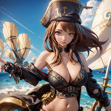 A cute woman is a sky pirate (sexy over exposed pirate outfit (SFW), she has a sword and pistol at her side, pirate hat) she is on a red themed steampunk airship with crew (show all of her)
