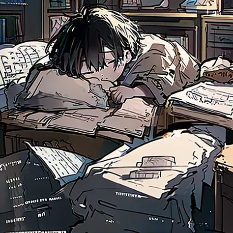 a boy sleeping on his desk(his head laying on his desk filled with messy drawings and sketches and a laptop in front of him)wear...