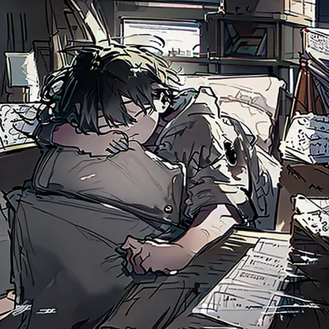 a boy sleeping on his desk(his head laying on his desk filled with messy drawings and sketches and a laptop in front of him)wear...