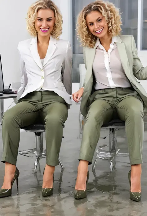 two attractive blonde women wearing olive green business suit jacket with pants, ((platform pumps)), white blouse, curly hair, sitting in office chairs, wetting, big smile, pee stains are gleaming wet, pants really soaked with pee, 