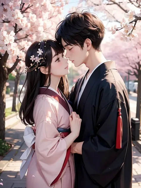 black haired girl in kimono kissing brown haired boy in simple clothes in front of cherry blossom tree