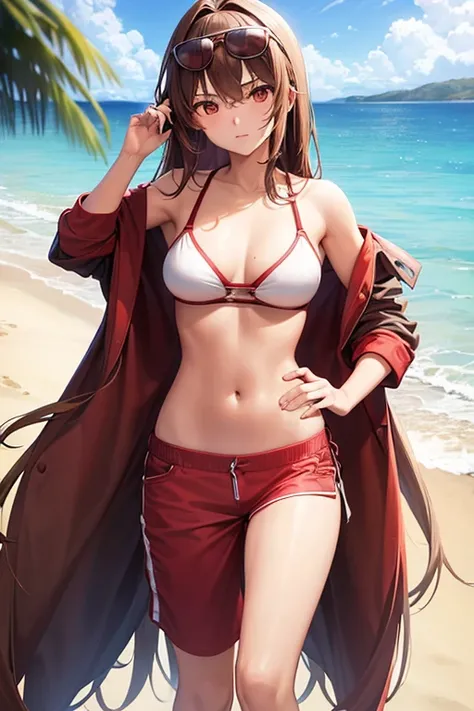 a 20 year old girl in the beach (long brown hair) (wearing an red beach stuff) (shirtless) (medium breast) (not wearing on chest) (red sunglasses)