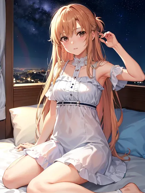 (mejor calidad, 8K, ultra high resolution, absurdo:1.2), (Yuuki Asuna de Sword Art Online), ( cabello largo y hermoso, ojos de miel, Adulto, maduro, Rubor, shy, lindo ), ( tumbado en la cama, en la espalda, mirando al frente, Somnoliento, Bostezo, vistiend...