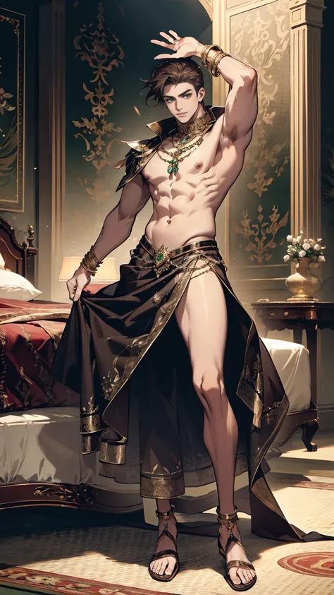  (masterpiece, best quality, highres, ultra-detailed),(beautiful and aesthetic:1.2),  detailed eyes and fac,  full body, ((1 man)), adult, (brown hair), (green eyes), male body, male focus, Beautiful body, perfect body, harem, belly dancer outfit, belly ma...