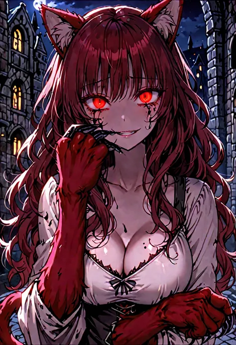 solo, female, cat ears, cat tail, red eyes, dark red hair, long wavy hair, large breasts, black tears, black mascara, runny mascara, cleavage, yandere, yandere smile, dark, night, medieval, red furry claw hands, red furry forearms