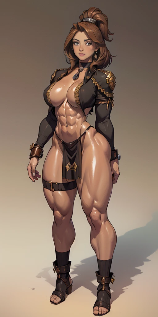 full body toe to head, masterpiece, 1soloMILF BIMBO standing loincloth pose, leather collar choker neck bell shackles wristbands bracers bracelets sleeves and stockings, strong body, abs, shiny skin (masterpiece, best quality) 1girlsolo wearing 40K Warhamm...