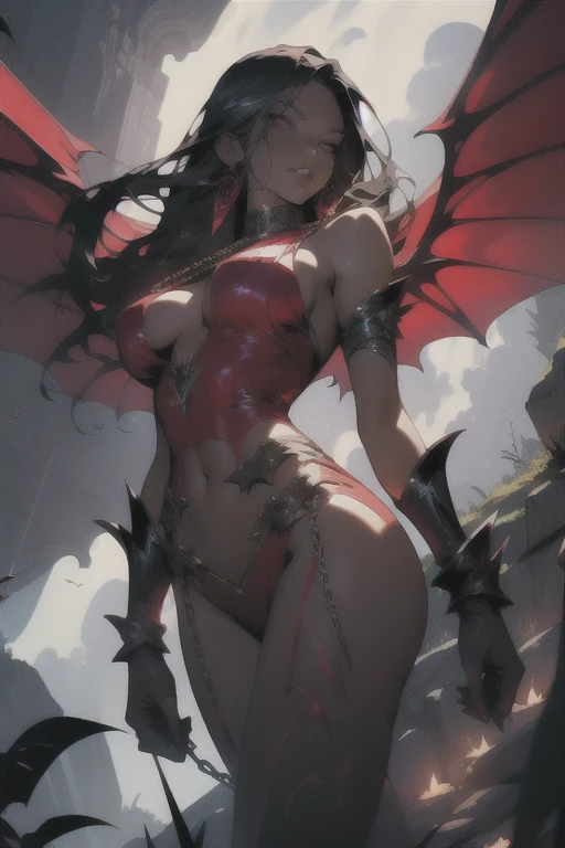 Sexy demon woman, giant wings, red skin, she is flying, full body, long legs, thin waist, nipple chains, giant breasts, body chains, huge nipples and hanging chains. (work of art), (topless), (HD quality), provocative and sensual, erotic, enchanting, seduc...