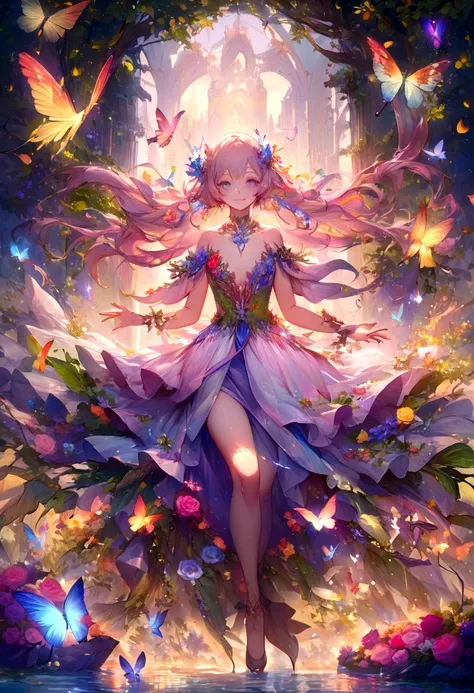 In a magical world, A plant girl with glowing vines and flowers, Delicate skin，Ethereal beauty appears. She is surrounded by vibrant and charming foliage, Colorful petals seem to be dancing in the wind. her eyes glistening with a hint of mystery, Reflectin...