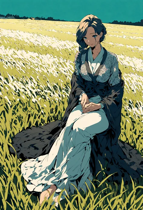 Illustration of a rich woman sitting and looking at a rice field. Wide angle.