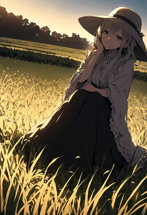 Illustration of a rich woman sitting and looking at a rice field. Wide angle.