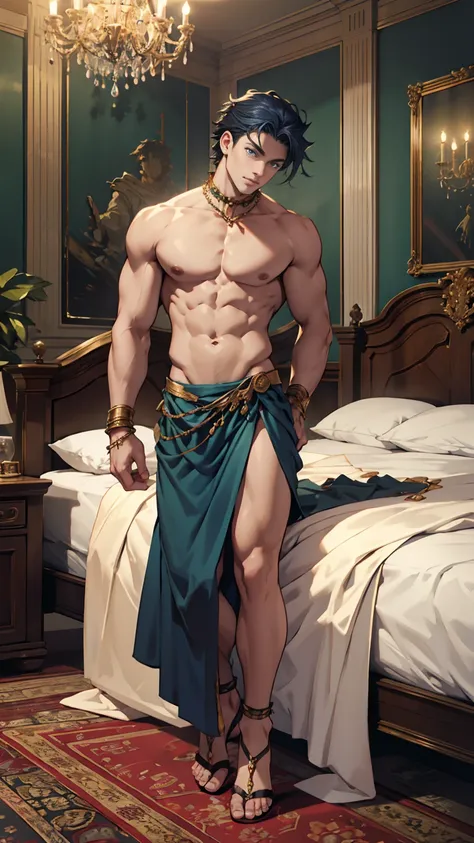  (masterpiece, best quality, highres, ultra-detailed),(beautiful and aesthetic:1.2),  detailed eyes and fac,  full body, ((1 man)), adult, (dark blue hair), (green eyes), male body, male focus, Beautiful body, perfect body, harem, belly dancer outfit, bell...