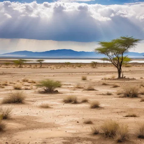 Landscape of arid land with a dry environment with cloudy sky on an intermediate day with few trees and birds in the distance with a lake in the distance 