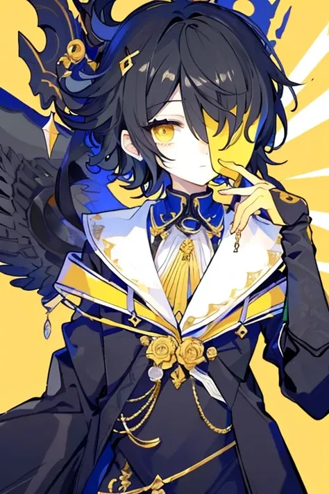 (highest quality、masterpiece:1.2) (((1 boy))) (suit) short hair、black hair,,、yellow eyes、elegant、beautiful eyes、beautiful hair、smooth skin、((low length))((hair above one eye, one eye covered)) (introverted look)upper body visible(((cute face)))