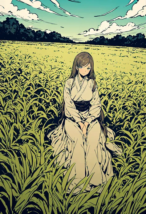 Illustration of a rich woman sitting and looking at a rice field. Wide angle.