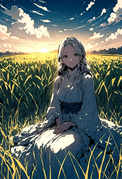 Illustration of a rich woman sitting and looking at a rice field. Wide angle.