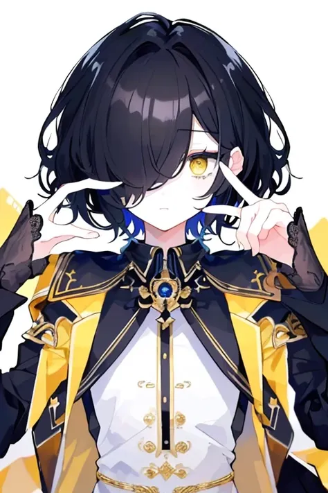 (highest quality、masterpiece:1.2) (((1 boy))) (suit) short hair、black hair,,、yellow eyes、elegant、beautiful eyes、beautiful hair、smooth skin、((low length))((hair above one eye, one eye covered)) (introverted look)upper body visible(((cute face)))