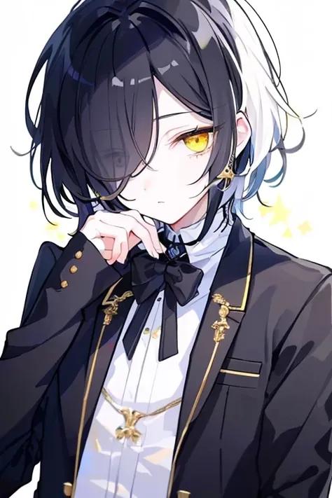 (highest quality、masterpiece:1.2) (((1 boy))) (suit) short hair、black hair,,、yellow eyes、elegant、beautiful eyes、beautiful hair、smooth skin、((low length))((hair above one eye, one eye covered)) (introverted look)upper body visible(((cute face)))