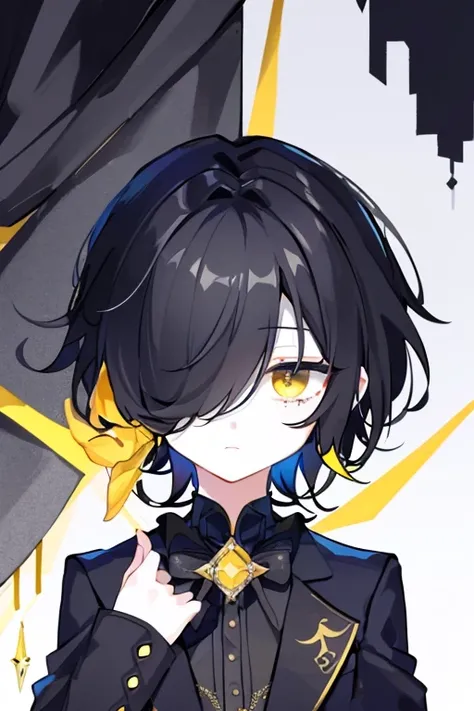 (highest quality、masterpiece:1.2) (((1 boy))) (suit) short hair、black hair,,、yellow eyes、elegant、beautiful eyes、beautiful hair、smooth skin、((low length))((hair above one eye, one eye covered)) (introverted look)upper body visible(((cute face)))