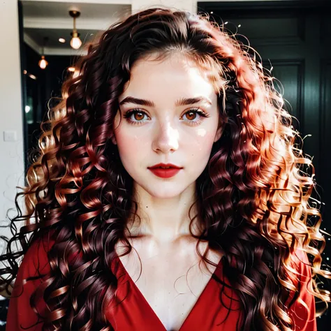 [white-skinned woman:1.2, long curly hair:1.2, elegant red short dress, snub-nosed, bright brown eyes], half body, vsco filter: ...