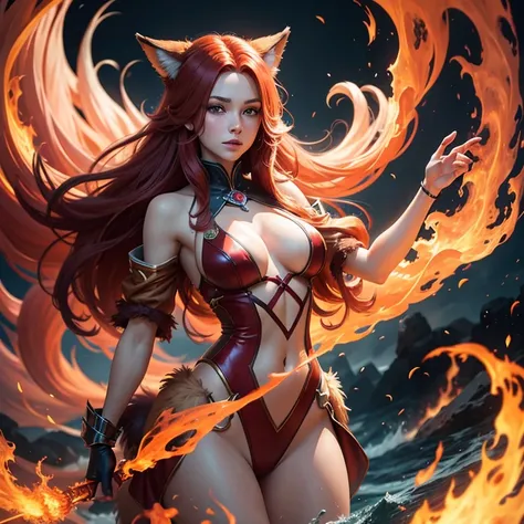 A powerful, ethereal figure of A young Caucasian woman with long, vibrant red hair wearing a furry fox-like costume, made of swirling smoke or energy, with dramatic, flowing movements and an intense, otherworldly presence By artist "anime", 3d anime art, i...