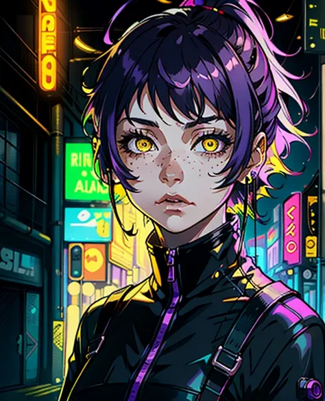 1girl,solo,colorful,yellow eyes,cyberpunk,city,peace sign,earrings,purple hair,eye patche,freckles,prothesis,mechanic,neon,beautiful lighting,purple reflection,cap,smoking,character focus,cg illustration,bust shot,yellow and black outfit,black hair,