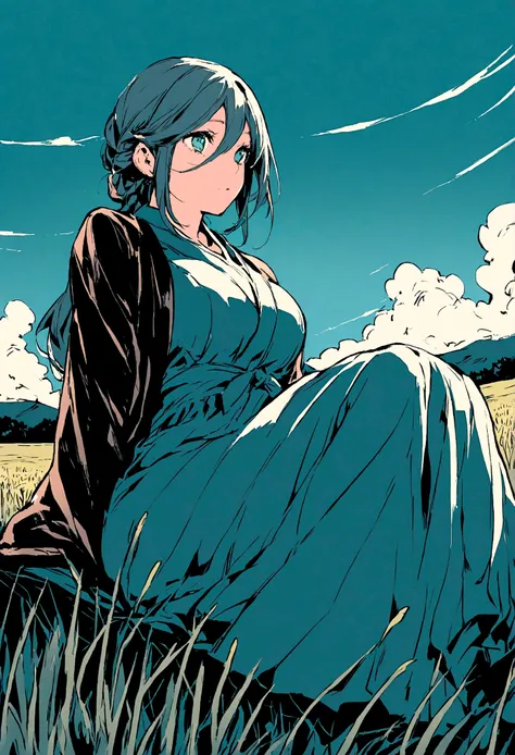 Illustration of a rich woman sitting and looking at a rice field. Wide angle.