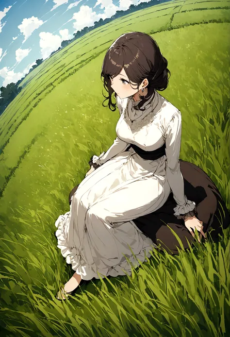 Illustration of a rich woman sitting and looking at a rice field. Wide angle.