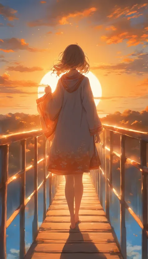 A woman spending the evening on a morning footbridge. The sun is tilted upwards. Amazing blue sky. Back view, I can&#39;t see your face , High quality down to the smallest detail. Wonderful landscape . Big guys .