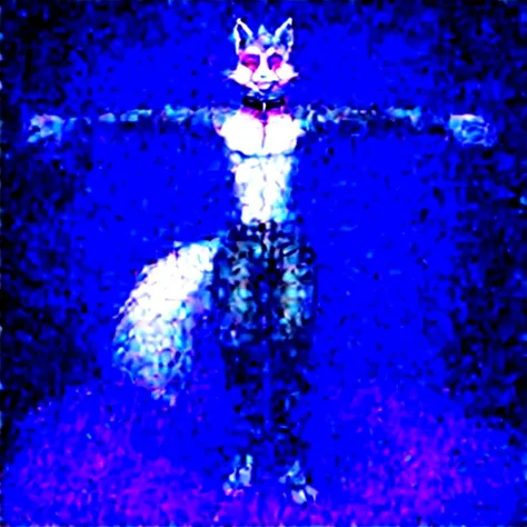 Helluva boss style, solo, (male gray wolf), anthro, red eyes, white fur, full body, ((squatting on bed)), arms up, smile, clenched teeth, open pants, using a gray latex suit, and a black techno collar, hypnotized with glowing purple eyes without iris or pu...