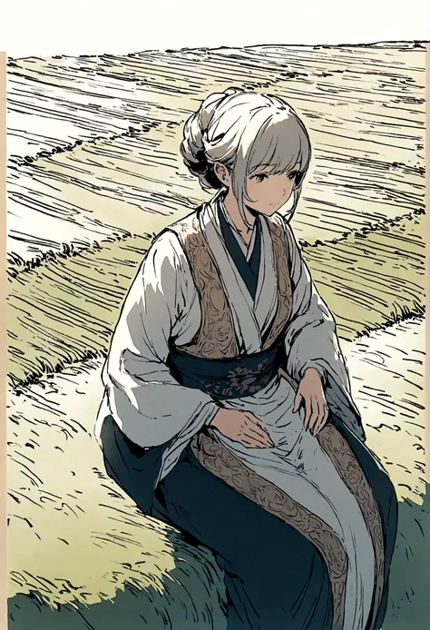 Illustration of a rich woman sitting and looking at a rice field. Wide angle.