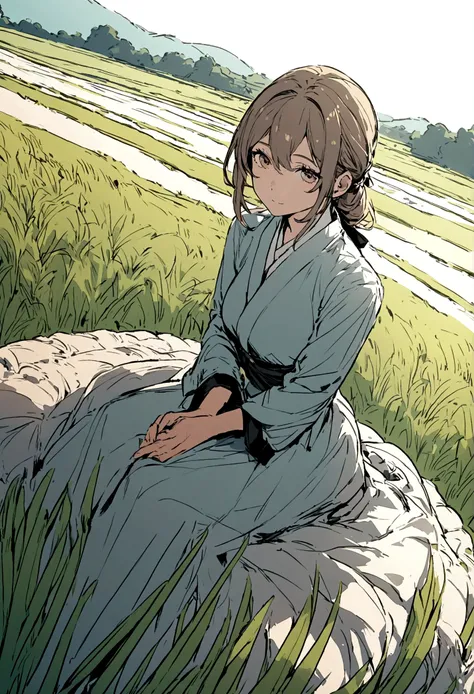 Illustration of a rich woman sitting and looking at a rice field. Wide angle.