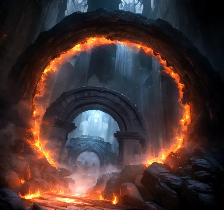 A photorealistic image of a swirling, fiery portal opening up in the middle of a dark, hell beyond the portal, foggy graveyard at night.