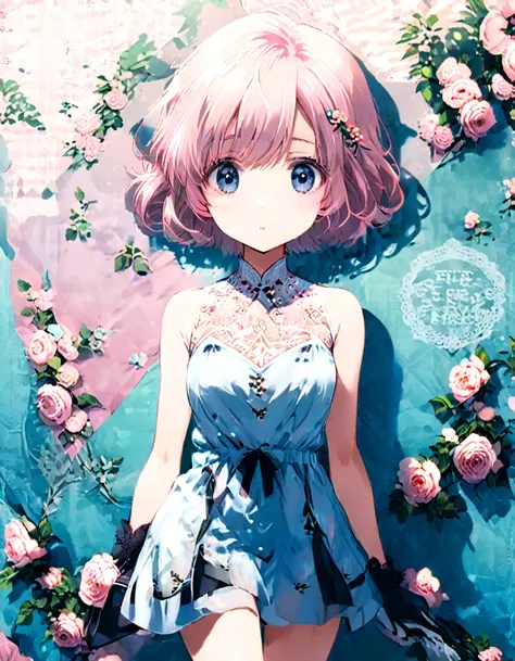 A cute illustration of an anime girl in white dress and black shoes walking towards us, holding a small handbag with roses pattern on the front cover page. The background is blue striped wallpaper with pastel pink flowers and large floral patterns scattere...