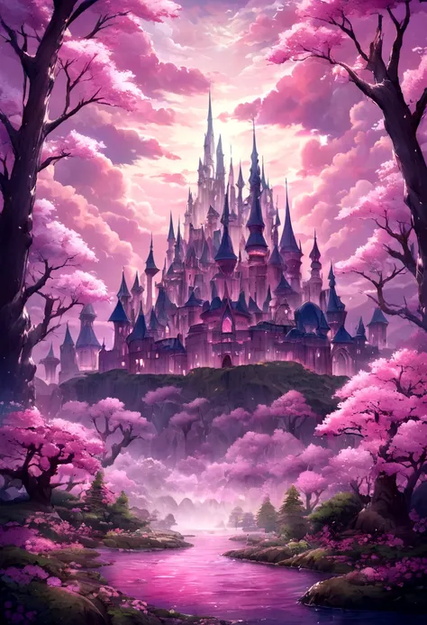 beautiful white and pink fantasy castle in a background with pink clouds of various shades, you can see a forest surrounding the castle with pink trees similar to cherry trees, there are several purple and pink bushes of various shades around the forest.