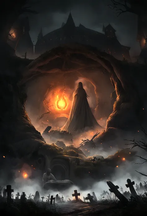 A photorealistic image, reminiscent of classic horror movie stills, of a dark and ominous graveyard at night, with a swirling, fiery portal to hell opening up in the background, The graveyard is filled with ancient, weathered tombstones that are barely vis...