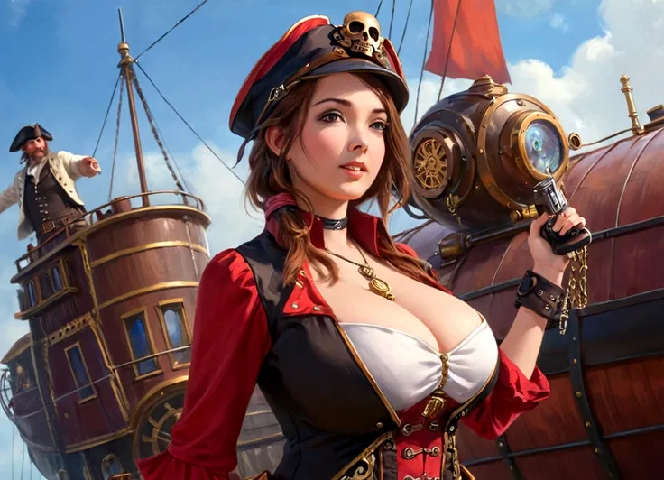 a cute woman sky pirate, sexy over exposed pirate outfit, sword pistol at side, pirate hat, red themed steampunk airship, crew, best quality, 4k, 8k, highres, masterpiece:1.2, ultra-detailed, realistic, photorealistic, photo-realistic:1.37, HDR, UHD, studi...