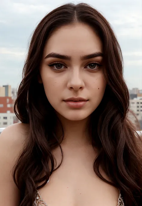 24 year old woman with long hair, symmetrical eyebrows and beautiful lips on a rooftop 