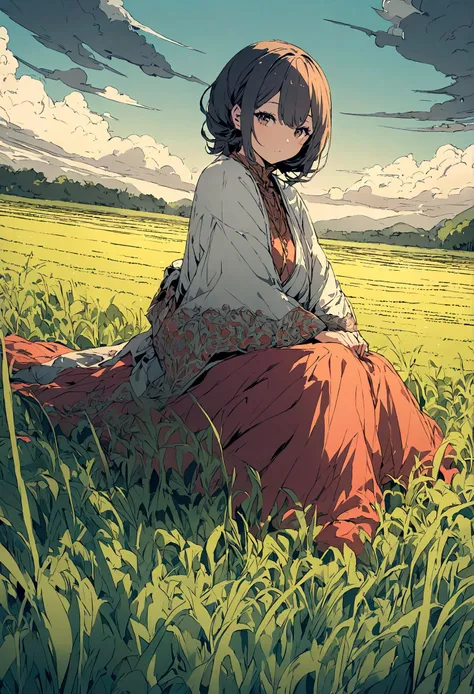 Illustration of a rich woman sitting and looking at a rice field. Wide angle.